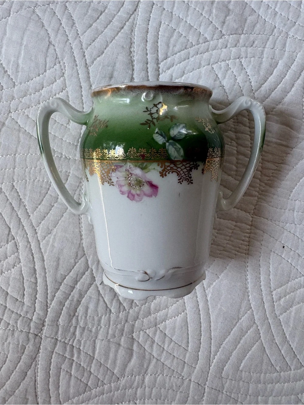 Antique Porcelain Double Handle Vase Green Pink Roses Gold Gilt 5”